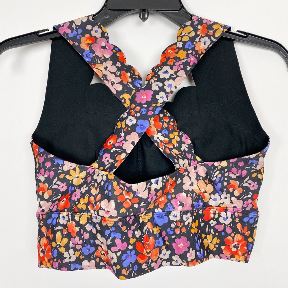 SSYS Scalloped Floral Cross Back Sports Bra Women M Black Multi - Picture 2 of 5